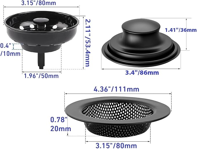 AJOMAN Kitchen Sink Drain Strainer, Cover and Stopper, Food Catcher for Kitchen Sink Drain, Stainless Steel Universal Anti-Clogging Kitchen Sink Filter(3 Pieces, Matte Black)