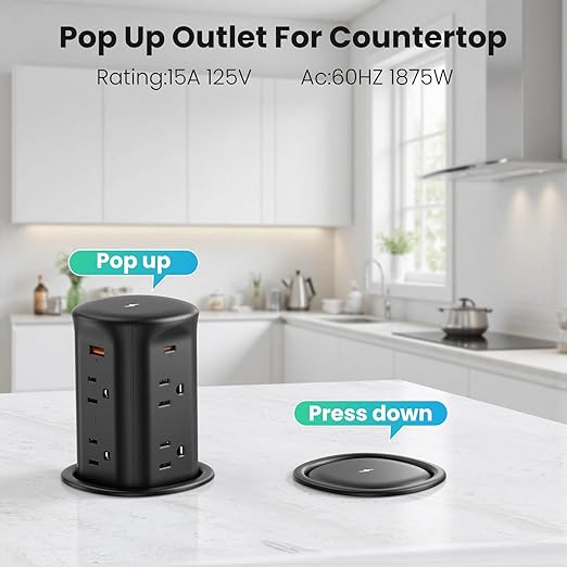 VILONG Pop Up Outlet with 15W Wireless Charger,4 USB Ports，8 Outlets,Space-Saving Concealed Design,Pop Up Countertop Receptacle for Conference Table,Kitchen Countertop (ETL Listed)