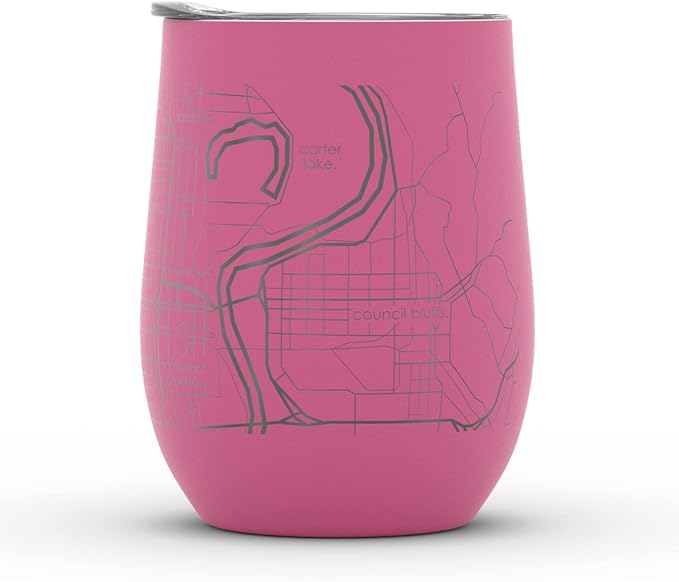 Well Told Engraved Omaha Nebraska Map Insulated Wine Tumbler, Etched Stainless Steel Cup (12 oz, Sunset Pink) City Map Insulated Tumbler, Custom Insulated Tumbler, Outdoor Drinkware