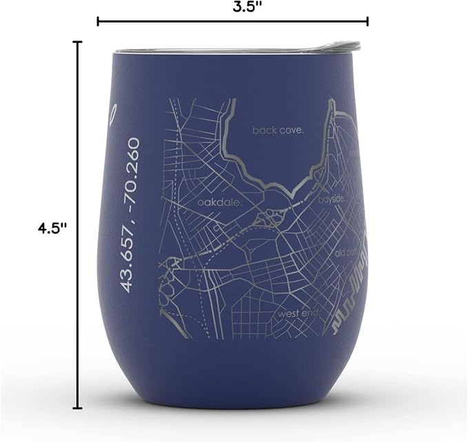 Well Told Engraved Portland Maine Map Insulated Wine Tumbler, Etched Stainless Steel Cup (12 oz, Midnight Blue) City Map Insulated Tumbler, Custom Insulated Tumbler, Outdoor Drinkware