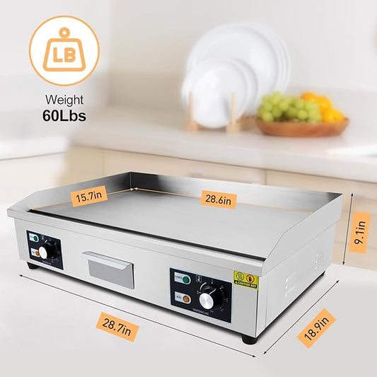 GarveeHome 29 in Stainless Steel Electric Griddle, 3000W Non-Stick Commercial Flat Top Grill, 122℉-572℉ Temperature Adjustable, Countertop Teppanyaki Grill for Indoor Outdoor, Silver