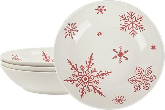 4 Pcs Christmas Pasta Bowls, 26 Oz Ceramic Bowl Set, Wide and Shallow Serving Bowls, White Red Snowflake Xmas Holiday Soup Bowls for Salad, Dessert, Pasta, Ice Cream, Dishwasher and Microwave Safe