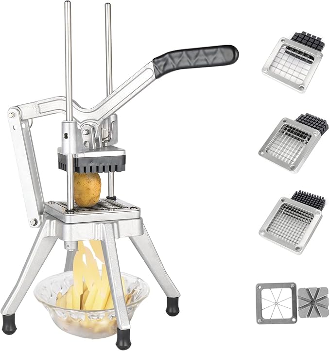 ROVSUN Commercial Vegetable Chopper French Fry Cutter Stainless Steel w/ 4 Sizes Blades, Fruit Potato Slicer, 1/2", 3/8", 1/4" & 8-Wedge Blades and Pusher Blocks for Restaurants, Home & Kitchen