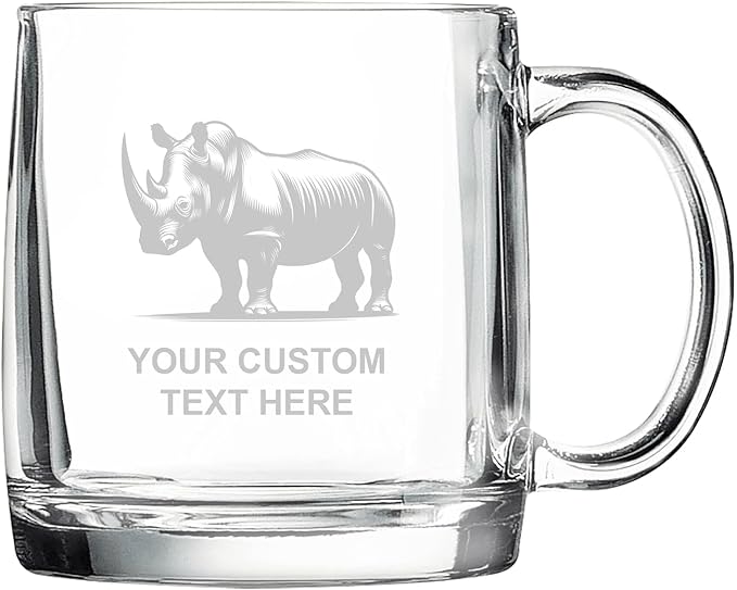 Rhinoceros, Personalized 12.5 oz Polar Camel Glass Coffee Desk Mug – Custom Laser Engraved Clear Cup for Tea, Espresso, Latte, Whiskey - Microwave Safe/Made in USA