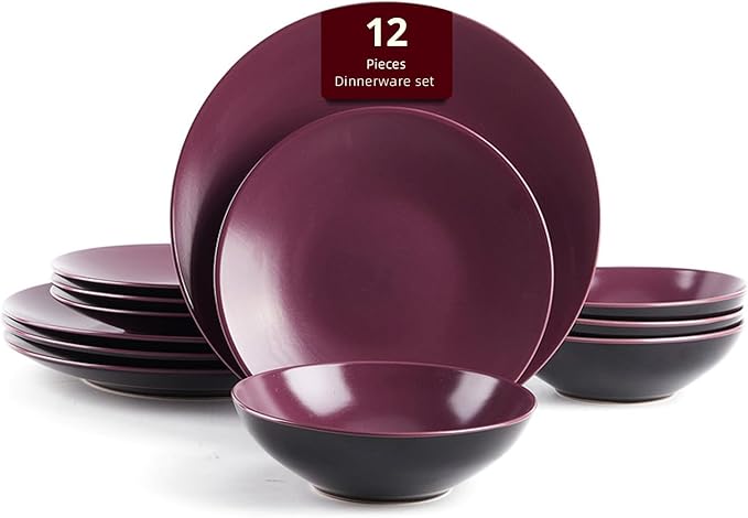 Stoneware Two-Tone Colors Life 12pc Dinner Set， Outside Shiny Black + Inside Matte glaze Plum
