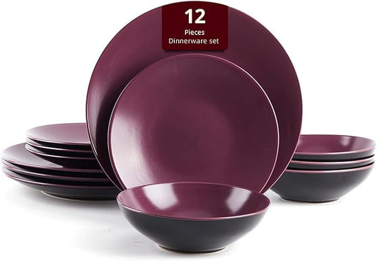 Stoneware Two-Tone Colors Life 12pc Dinner Set， Outside Shiny Black + Inside Matte glaze Plum