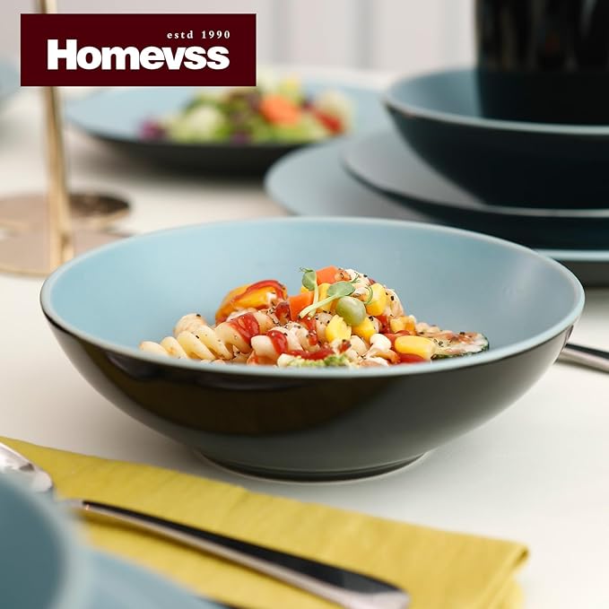Stoneware Two-Tone Colors Life 18pc Dinner Set，Outside Shiny Black + Inside Turquoise