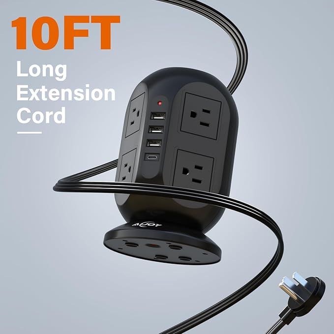 AiJoy Surge Protector Power Strip Tower with 8 Outlets 4 USB Ports(1 USB-C), 10 FT Flat Extension Cord with Multiple Outlets, Charging Tower with Surge Protection for Home Office Dorm Room Essentials