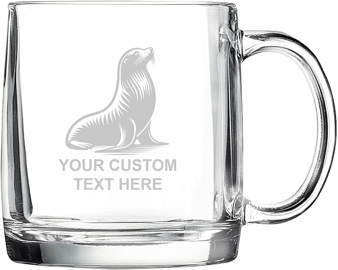Seal, Personalized 12.5 oz Polar Camel Glass Coffee Desk Mug – Custom Laser Engraved Clear Cup for Tea, Espresso, Latte, Whiskey - Microwave Safe/Made in USA