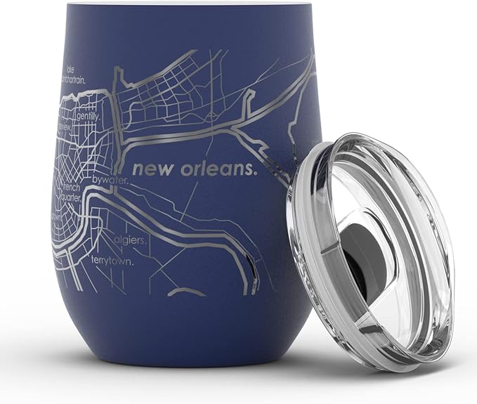 Well Told Engraved New Orleans Louisiana Map Insulated Wine Tumbler, Etched Stainless Steel Cup (12 oz, Midnight Blue) City Map Insulated Tumbler, Custom Insulated Tumbler, Outdoor Drinkware