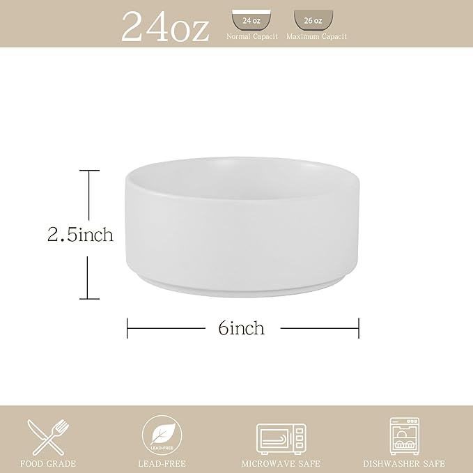 Stoneware Cereal Bowls Set of 4, 6 Inch Deep Bowl for Oatmeal, Soup, Ceramic Bowls Sets, Microwave Safe, Dishwasher Safe, Versatile for All Seasons, Matte White