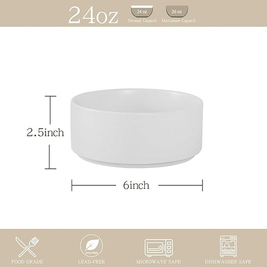 Stoneware Cereal Bowls Set of 4, 6 Inch Deep Bowl for Oatmeal, Soup, Ceramic Bowls Sets, Microwave Safe, Dishwasher Safe, Versatile for All Seasons, Matte White