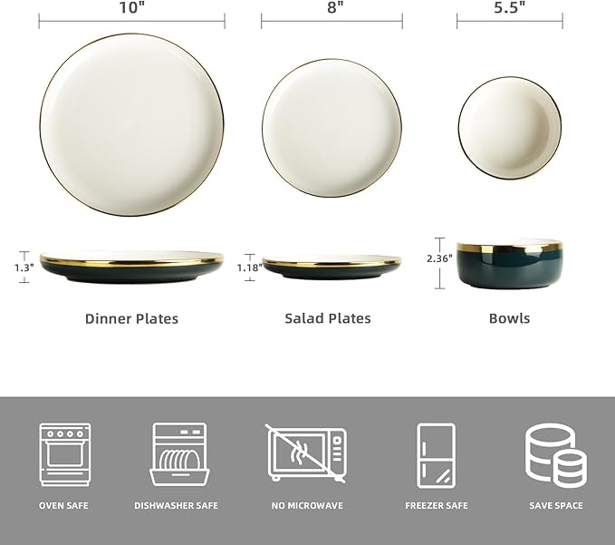 Porcelain Dinnerware Sets, 12 Piece Luxury China Plates and Bowls Sets, Green Dishes Set Gold Rim for Wedding Anniversary Birthday, Modern Dinner Plates Set