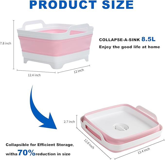 Collapsible Dish Basin, 2.4 Gallon Foldable Kitchen Sink with Drain Plug for Space-Saving Dish Washing, Vegetable & Baby Bottle Cleaning