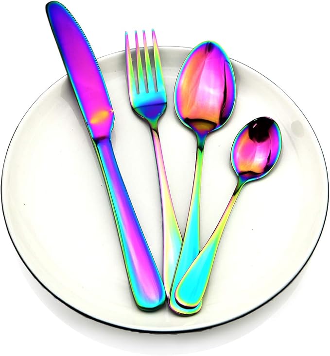 Gugrida Rainbow Reusable Utensils with Case, Healthy & Eco-Friendly 8 Pieces Portable Stainless Steel Flatware Tableware Dinnerware Set, Portable Travel Camping Cutlery Knife Fork Spoon Straws Set