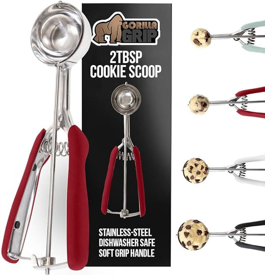 GORILLA GRIP BPA-Free Stainless Steel Cookie Scoop, 2 TBSP Scooper #40, Soft Grip Handle, Easy Food Release, Create Even Portion Sizes, Multipurpose Kitchen Melon Baller, Meatball Spring Scoops, Red