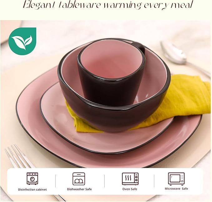 Stoneware Square 16pc Dinnerware Set, Inside Shiny Rose + Outside Matte Black