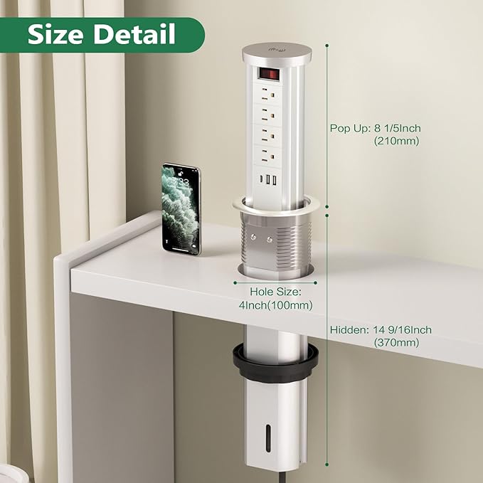 Pop Up Outlet Countertop with 10W Wireless Charger, 4 Outlets,3 USB Ports, Automatic Pop Up Outlet for Kitchen Counter Islan, Office Conference Table,Splash Resistant