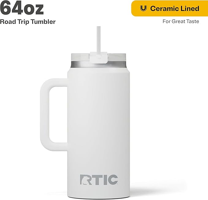 RTIC 64 oz Ceramic Lined Insulated Road Trip Tumbler, Leak-Resistant Lid, White