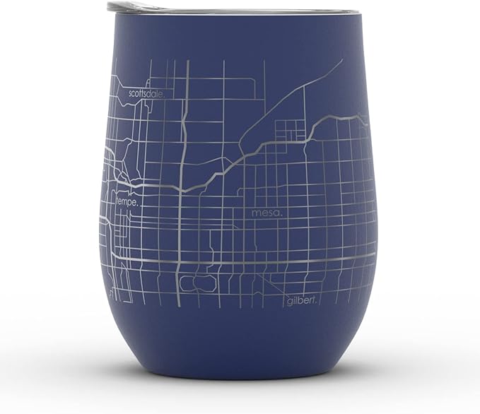 Well Told Engraved Phoenix Arizona Map Insulated Wine Tumbler, Etched Stainless Steel Cup (12 oz, Midnight Blue) City Map Insulated Tumbler, Custom Insulated Tumbler, Outdoor Drinkware