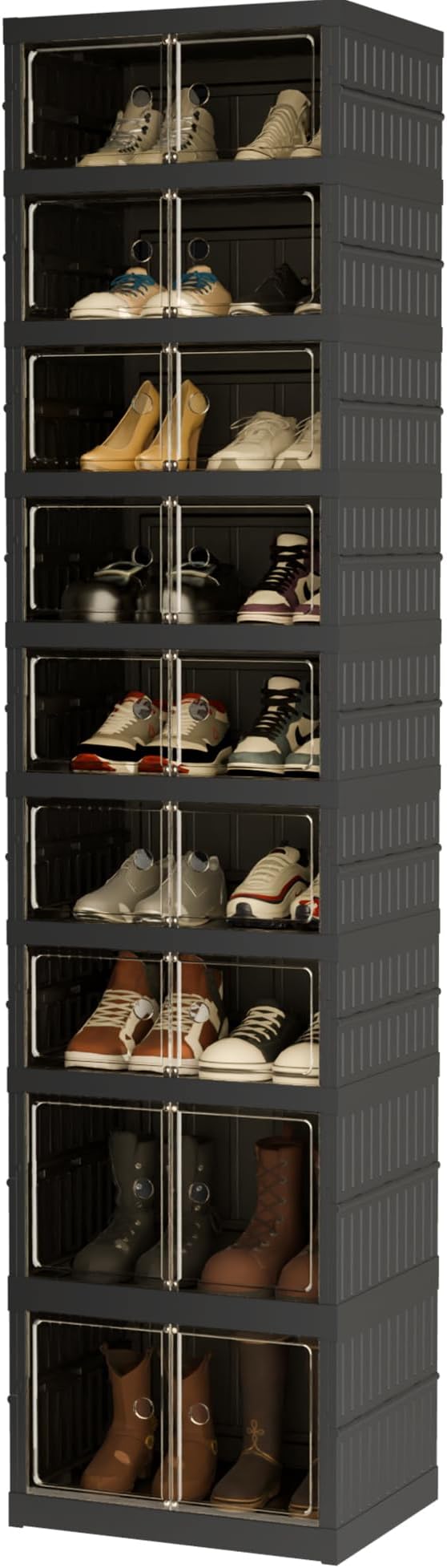 Foldable Shoe Organizer Storage Box, Portable Extra Large Folding Shoe Rack for Closet, Shoe Storage Box with Magnetic Transparent Door and Wheels, 9 Layers 18 Grids with 4 Big Grids