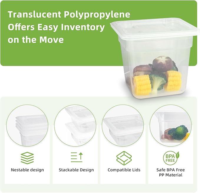 6-Pack Food Pan with Lids, 1/6 Size Food Storage Containers for homes, schools, restaurants, hotels Meal Prep, -40℉-160℉, Stackable, Freezer-Safe (1/6 size 6 inch deep, 2.22L/2.35QT)