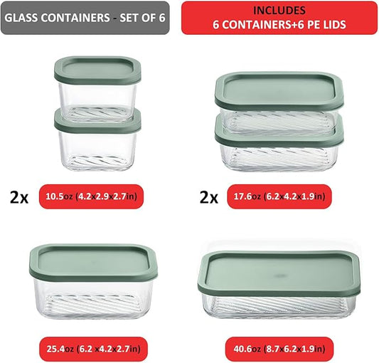 EATEX 6 Pack Glass Meal Prep Containers with Grooved Base, 6 Stackable BPA Free Glass Storage Containers with Lids for Lunch, Pantry, and Kitchen - Microwave, Dishwasher Freezer & Oven Safe - Sage
