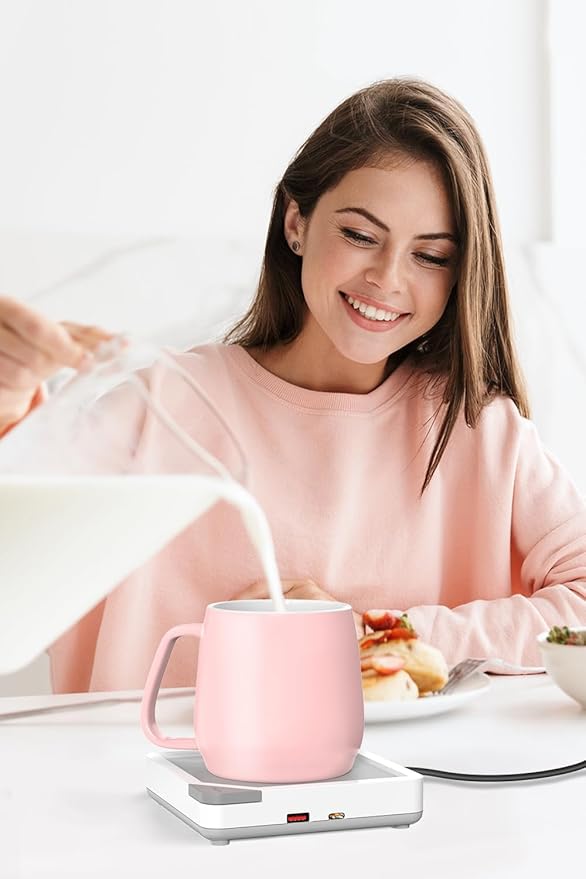 Coffee Mug Warmer Set: Coffee Warmer for Desk Auto Shut Off Candle Warmer Plate Electric Beverage Coffee Cup Warmer Heated Coffee Mug for Coffee,Tea, Milk Up to 131°F/55°C, White with Pink Mug
