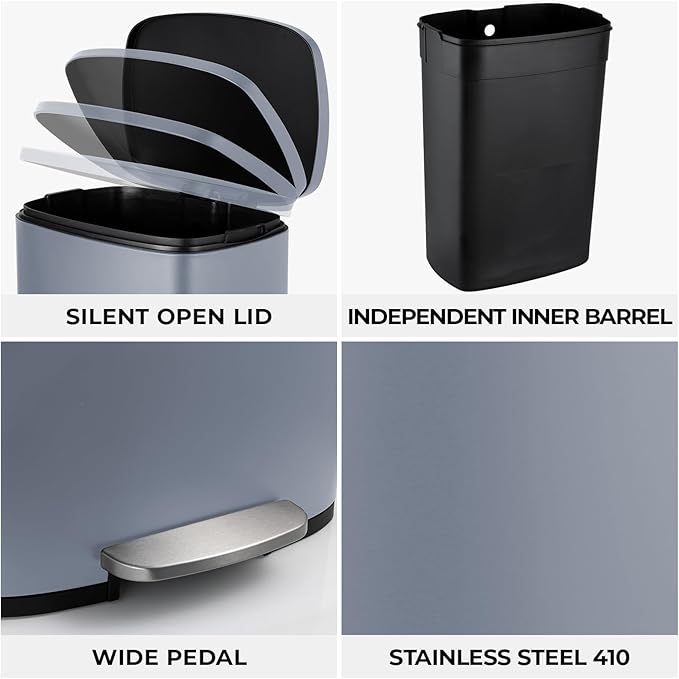 13.2 Gal Kitchen Trash Can, 50L Recycling or Garbage Bin, Brushed Stainless Steel Waste Basket, Soft&Quiet Close Dustbin, with Step-On Pedal, Removable Inner Bucket, for Home, Office, Living Room