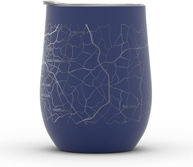 Well Told Engraved Charlotte North Carolina Map Insulated Wine Tumbler, Etched Stainless Steel Cup (12 oz, Midnight Blue) City Map Insulated Tumbler, Custom Insulated Tumbler, Outdoor Drinkware