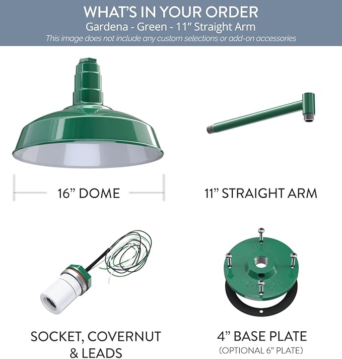 Steel Lighting Co. | Dusk to Dawn | Gardena Barn Light | Outdoor Wall Mounted | 16" Dome | 11" Straight Arm | Farmhouse Light Made in America | Green Exterior/White Interior