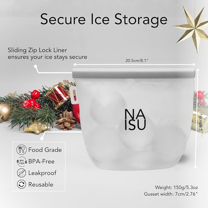 NAISU Clear Ice Silicone Storage Bag – Reusable Freezer Bag for Crystal-Clear Ice Balls & Cubes, Leakproof, Food-Grade, Ideal for Whiskey & Cocktails