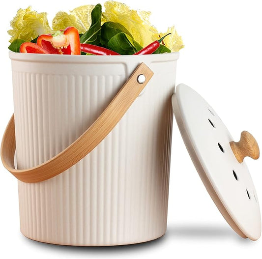 LALASTAR Countertop Compost Bin with Lid, Made of Sustainable Bamboo Fiber, Odorless Kitchen Compost Bucket, 1 Gallon, Cream