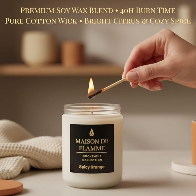 Spicy Orange Odor-Eliminating Scented Candle, 200g/7oz White Jar – Long-Lasting Soy Wax Blend Candle for Smoke, Kitchen & Pet Odors