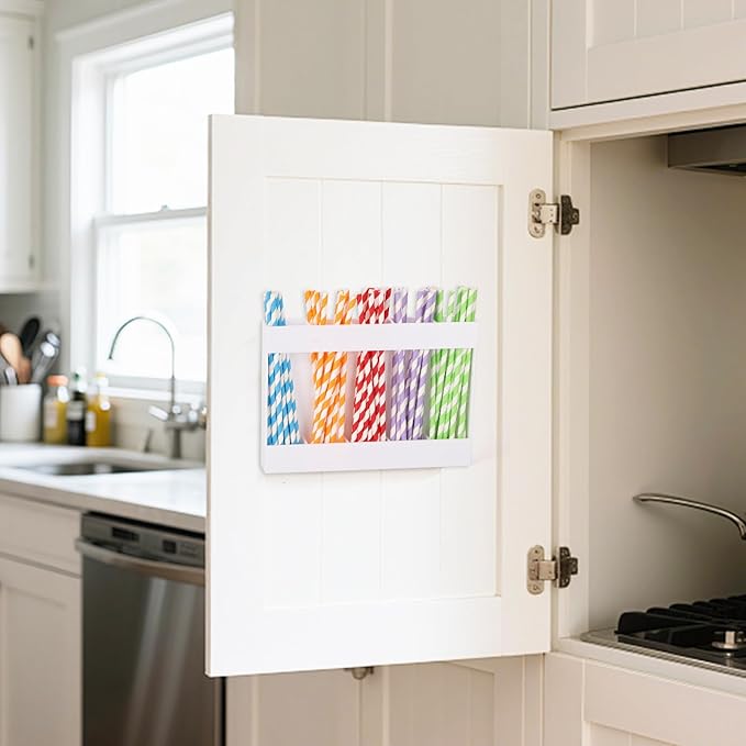 2 Pcs Straw Holder for Cabinet Door, 9.5 Inch Acrylic Straw Organizer with 8 Pcs Adhesive Stickers and 20 Pcs Labels, Reusable Kitchen Utensil Storage