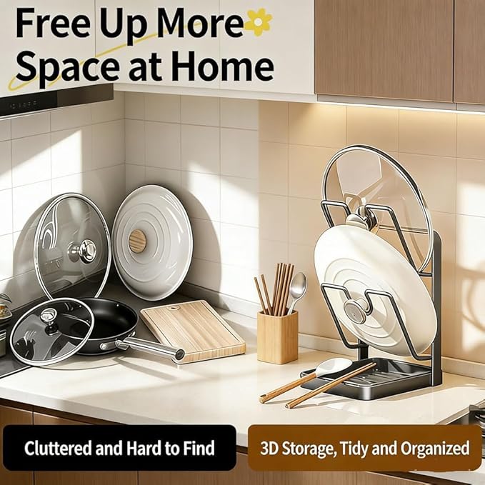 Kitchen Pot Lid Storage Rack, New Multifunctional Stainless Steel Pot and Pan Organizer with Removable Drip Tray, Lid Holder While Cooking, Lid And Spoon Rest (Gray Single)