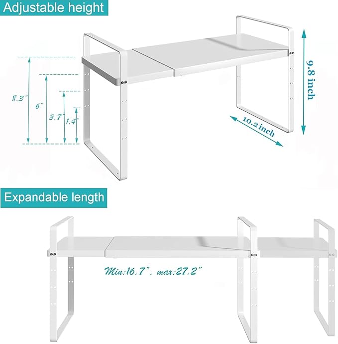 Redrubbit Expandable Cabinet Shelf Organizers, Stackable Kitchen Counter Shelves Spice Rack for Kitchen Bathroom Pantry Cupboard Desk Home Office, White-Large