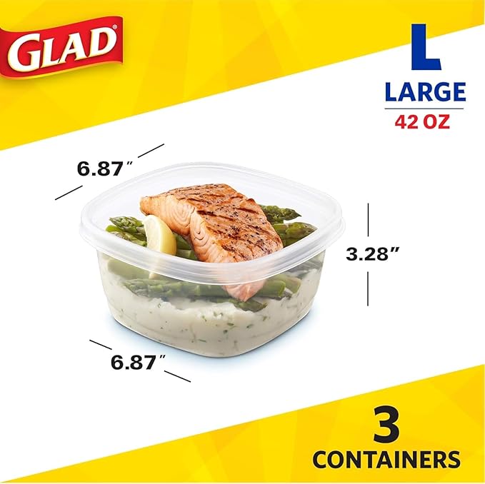 Glad GladWare Tall Entree Food Storage Containers - Large Square - Meal Container Holds up to 42 Ounces of Food - Lock Tight Seal, 3 Count - 2 Pack