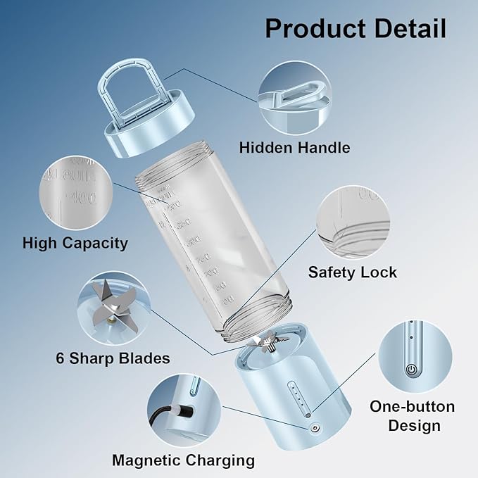 Personal Portable Blender - 16 Oz Mini Cup with 6 Blades, USB Rechargeable - Perfect for Shakes, Smoothies and Juice - Compact Blender for Travel, Gym, Kitchen and Office