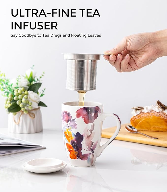 AmorArc Porcelain Tea Mug with Infuser and Lid, 18 Oz Tea Cup with Handle for Loose Leaf Tea, Gift for Tea Lovers of Men and Women