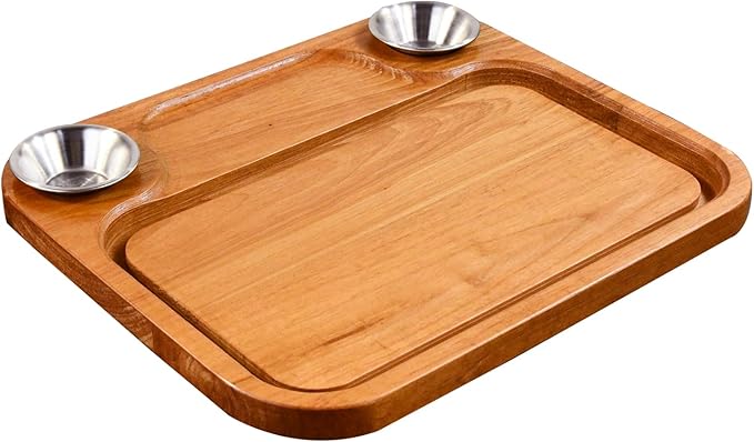 Wooden Steak Plates include 2 Sauce Cups, Wood Steak Board Set Serving Tray for Food Meat Cutting Board with Juice Groove, Charcuterie Board Platter for Home