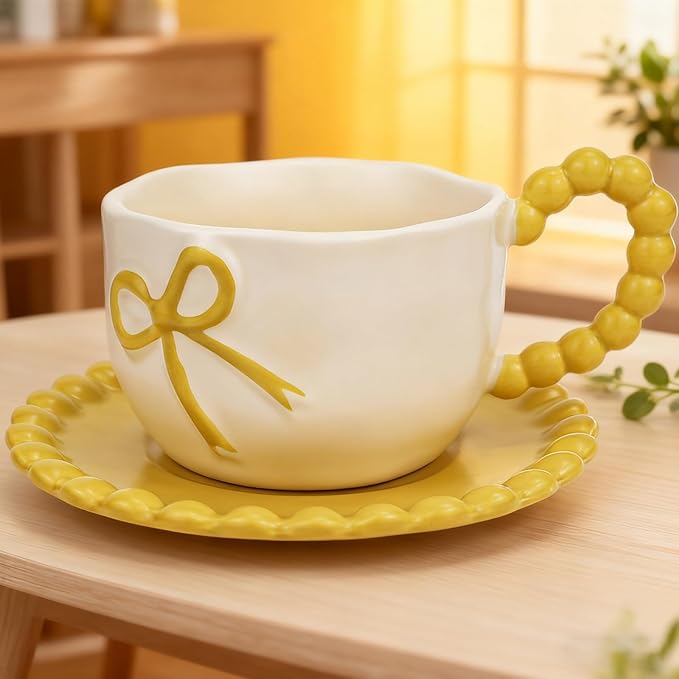 Bow Coffee Mug Yellow Coquette Coffee Mugs Set with Saucer 12 OZ Porcelain Tea Cup Bow Cute Mug for Women Girl
