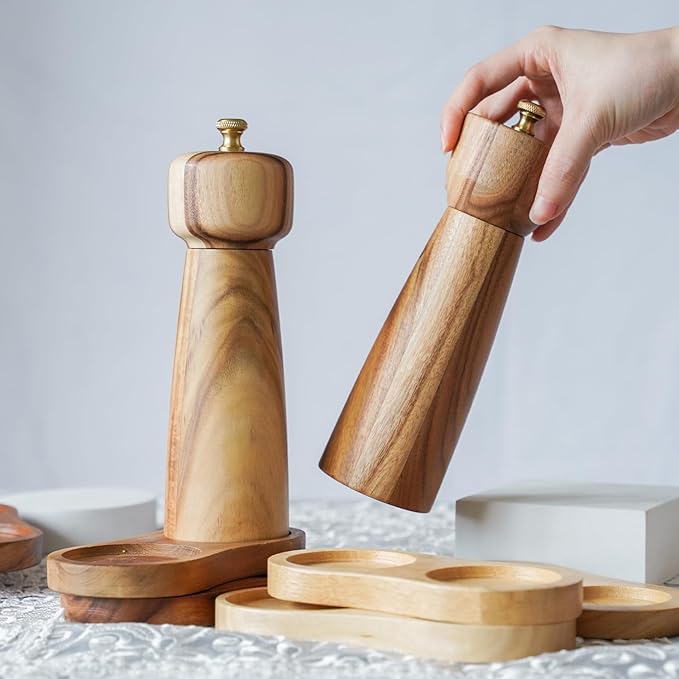 Salt and Pepper Mill Set with Tray, Adjustable Ceramic Grinder Salt Mill, Stainless Steel Grinder Pepper Mill, Acacia Wood, 20.5 cm/ 8 Inch Height, Bottom Dia 6 cm /2.36 inch