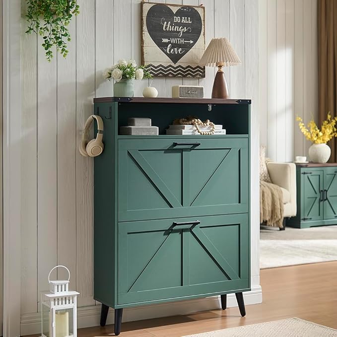 Shoe Storage Cabinet,Farmhouse Shoe Organizer with 2 Flip Drawers & Barn Door Design,Freestanding Hidden Slim Narrow Shoe Rack Cabinet with Open Storage for Entryway, Foyer,Hallway,Green