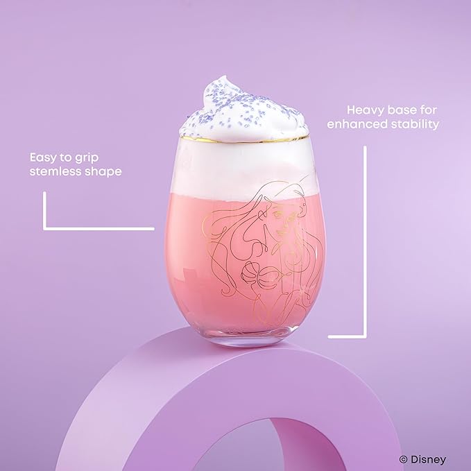 JoyJolt Disney Princess Sketch Stemless Drinking Glasses, 19oz Glass Cups ft Princess Jasmine Ariel Belle Cinderella, Disney Princess Kitchen Glassware Set of 4, Disney Gifts for Adults
