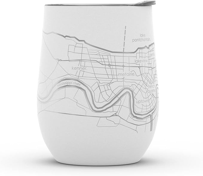 Well Told Engraved New Orleans Louisiana Map Insulated Wine Tumbler, Etched Stainless Steel Wine Tumbler (12 oz, White) City Map Insulated Tumbler, Custom Insulated Tumbler, Outdoor Drinkware