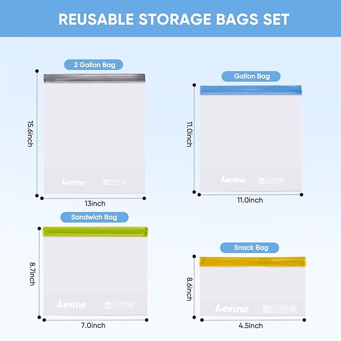 Lerine 6 Pack Reusable Freezer Bags 2 Gallon Stand-Up Dishwasher Safe, BPA-Free Reusable Gallon Bags, Leakproof Food Storage Bags for Meat Vegetables Bread Travel (Gray)