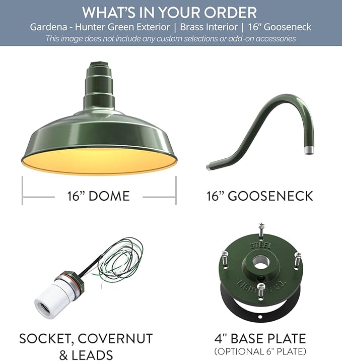 Steel Lighting Co. | Dusk to Dawn | Gardena Barn Light | Outdoor Wall Mounted | 16" Dome | 16" Gooseneck | Farmhouse Light Made in America | Hunter Green/Brass