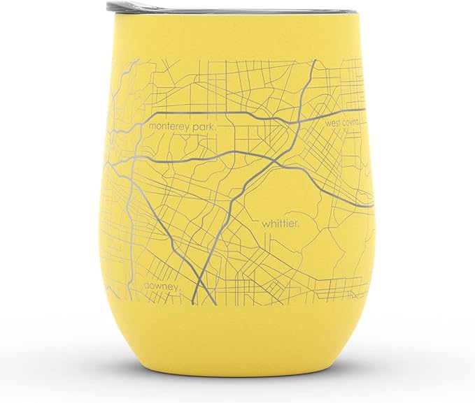 Well Told Engraved Los Angeles California Map Insulated Wine Tumbler, Etched Stainless Steel Cup (12 oz, Sunrise Yellow) City Map Insulated Tumbler, Custom Insulated Tumbler, Outdoor Drinkware