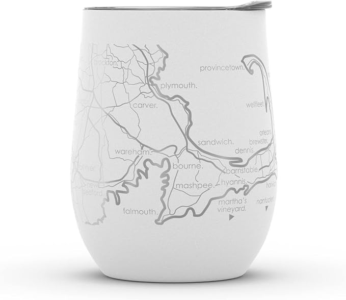 Well Told Engraved Cape Cod Massachusetts Map Insulated Wine Tumbler, Etched Stainless Steel Wine Tumbler (12 oz, White) City Map Insulated Tumbler, Custom Insulated Tumbler, Outdoor Drinkware